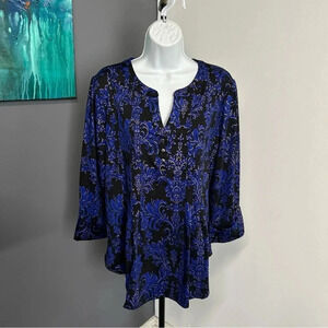 Women’s Large Pullover Top Metallic Stretch Slinky 3/4 Sleeve Black‎ Blue Career